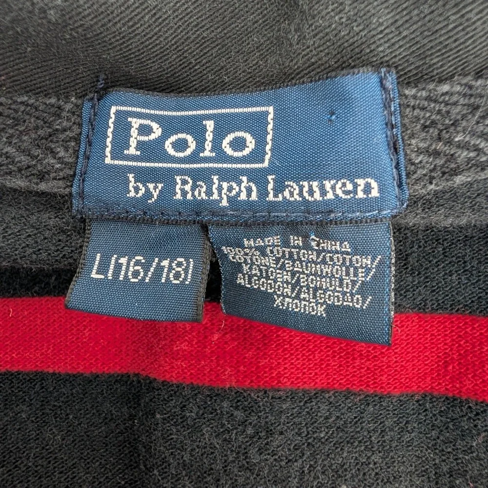 Polo Ralph Lauren Rugby Shirt Striped Crest Long Sleeve‎ Black Red Kids L 16/18
